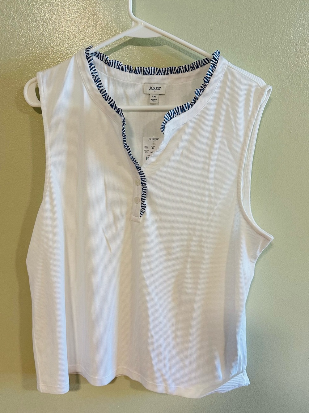 J. Crew White Ribbed Henley Tank Top with Blue Trim